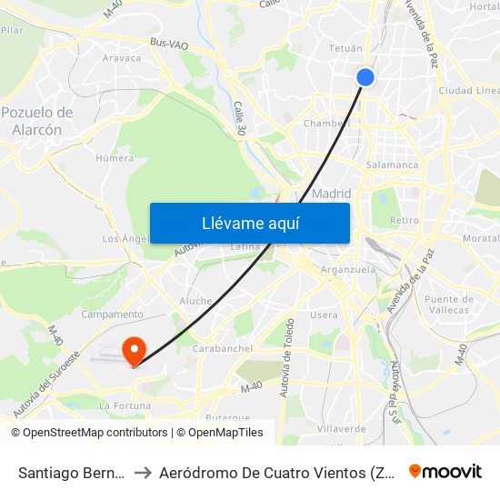 Santiago Bernabéu to Aeródromo De Cuatro Vientos (Zona Civil) map