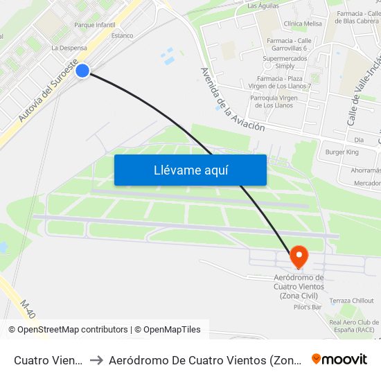 Cuatro Vientos to Aeródromo De Cuatro Vientos (Zona Civil) map