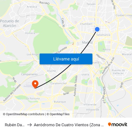 Rubén Darío to Aeródromo De Cuatro Vientos (Zona Civil) map