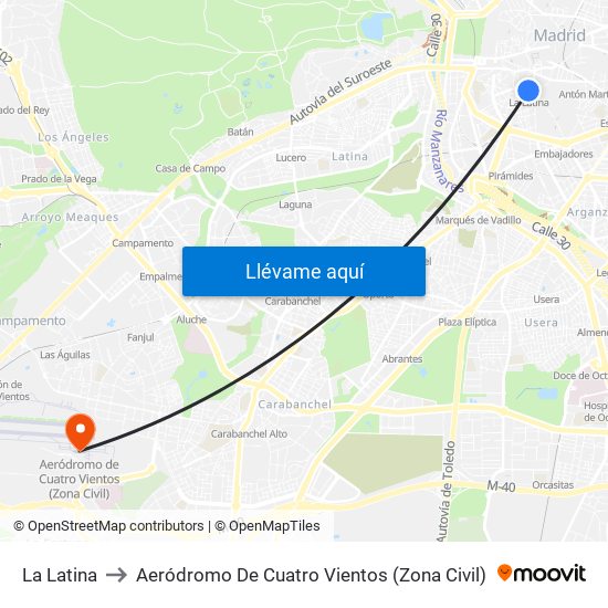 La Latina to Aeródromo De Cuatro Vientos (Zona Civil) map