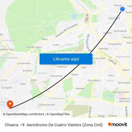 Chueca to Aeródromo De Cuatro Vientos (Zona Civil) map