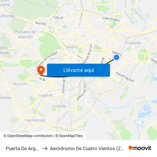 Puerta De Arganda to Aeródromo De Cuatro Vientos (Zona Civil) map