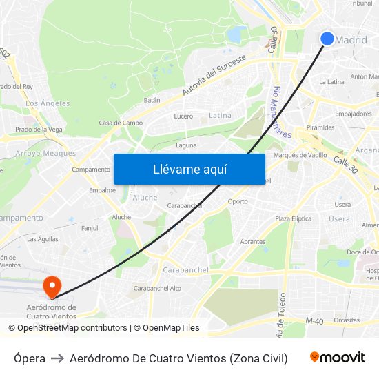 Ópera to Aeródromo De Cuatro Vientos (Zona Civil) map