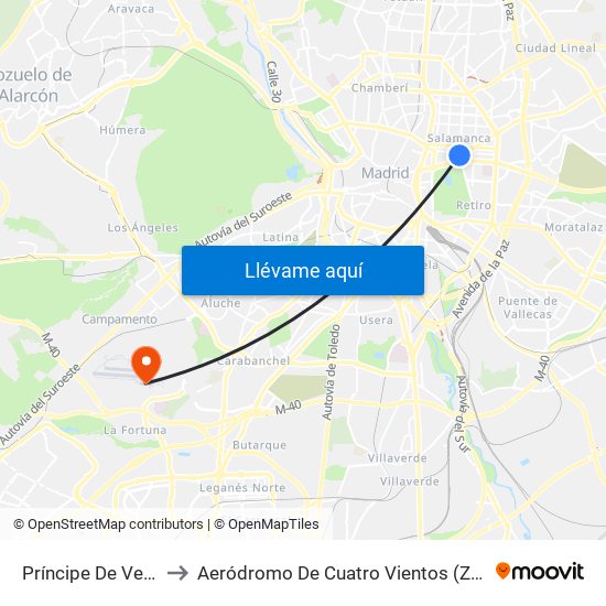 Príncipe De Vergara to Aeródromo De Cuatro Vientos (Zona Civil) map
