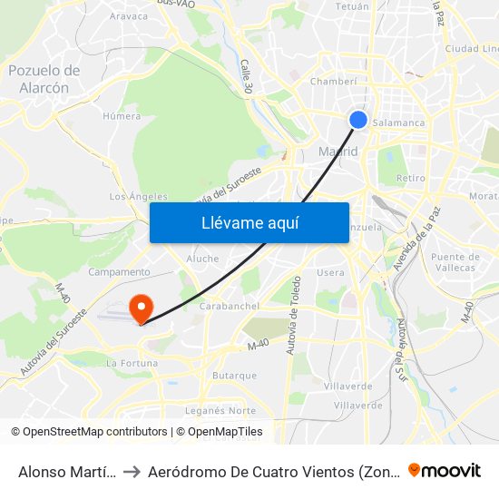 Alonso Martínez to Aeródromo De Cuatro Vientos (Zona Civil) map