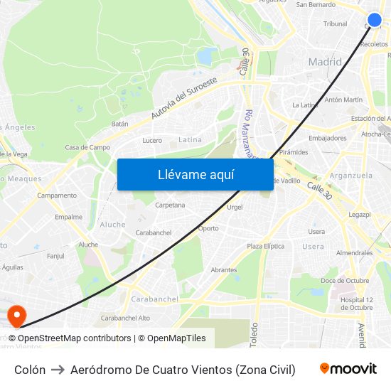 Colón to Aeródromo De Cuatro Vientos (Zona Civil) map