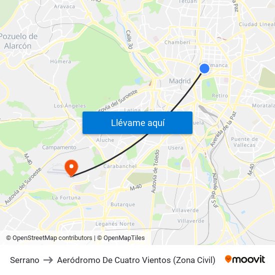 Serrano to Aeródromo De Cuatro Vientos (Zona Civil) map