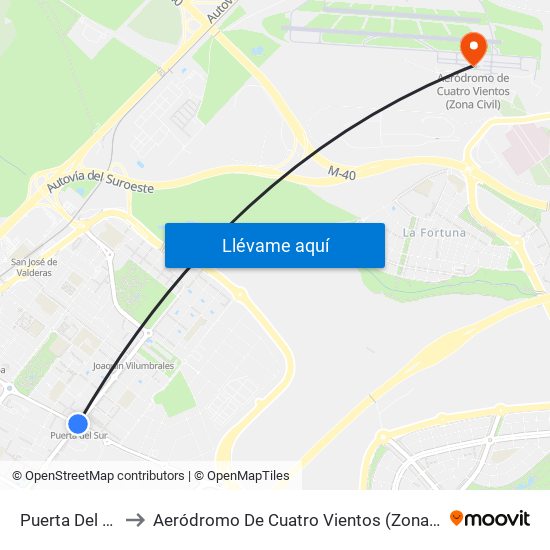 Puerta Del Sur to Aeródromo De Cuatro Vientos (Zona Civil) map