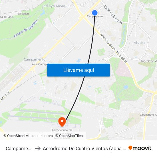 Campamento to Aeródromo De Cuatro Vientos (Zona Civil) map