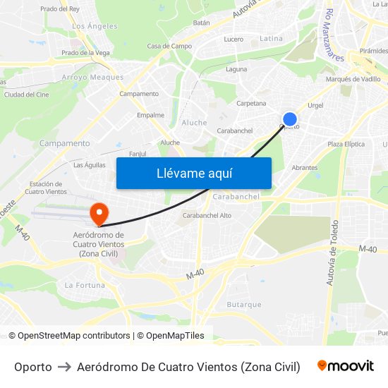 Oporto to Aeródromo De Cuatro Vientos (Zona Civil) map