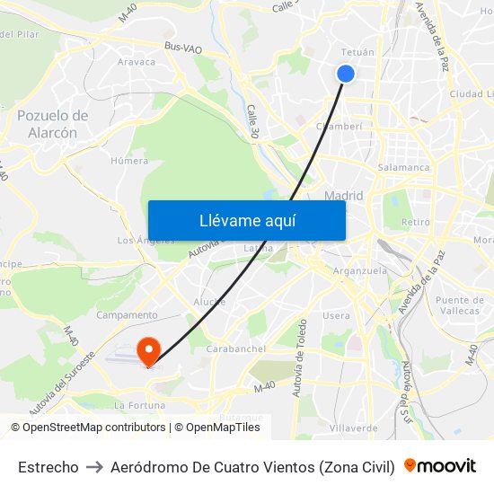Estrecho to Aeródromo De Cuatro Vientos (Zona Civil) map
