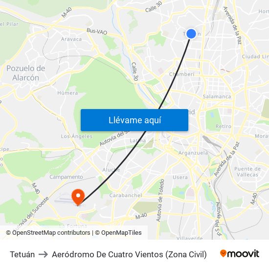 Tetuán to Aeródromo De Cuatro Vientos (Zona Civil) map
