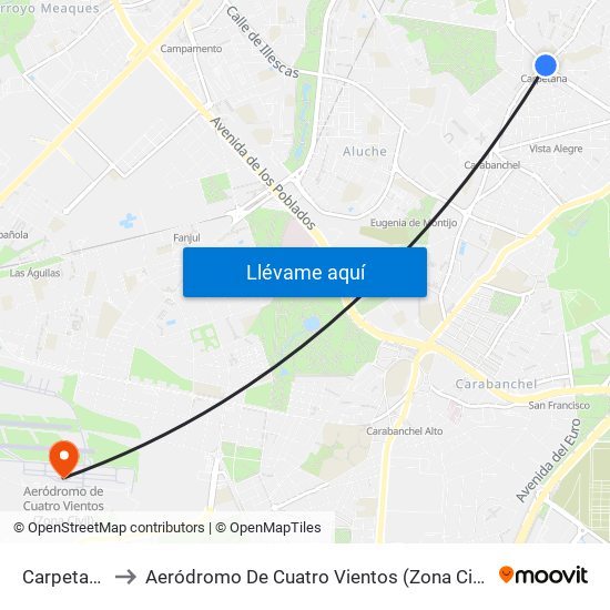 Carpetana to Aeródromo De Cuatro Vientos (Zona Civil) map