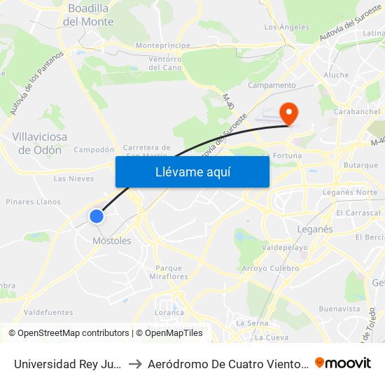 Universidad Rey Juan Carlos to Aeródromo De Cuatro Vientos (Zona Civil) map