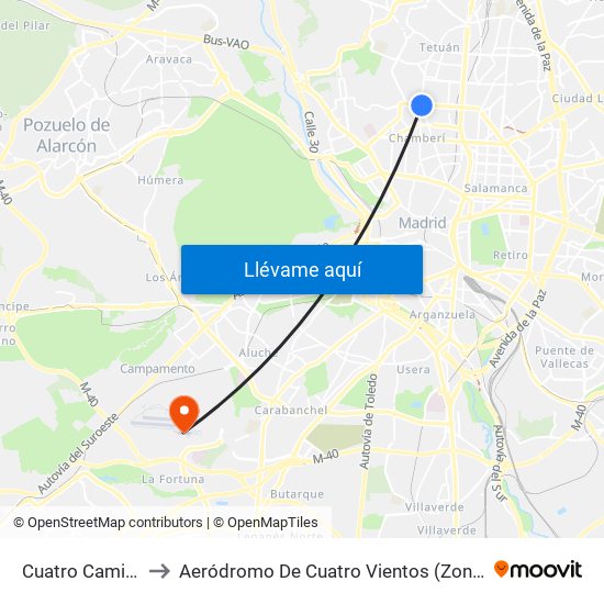 Cuatro Caminos to Aeródromo De Cuatro Vientos (Zona Civil) map