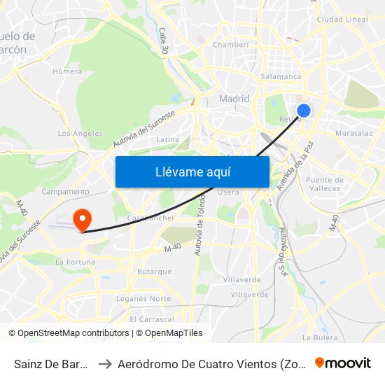 Sainz De Baranda to Aeródromo De Cuatro Vientos (Zona Civil) map