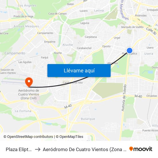 Plaza Elíptica to Aeródromo De Cuatro Vientos (Zona Civil) map