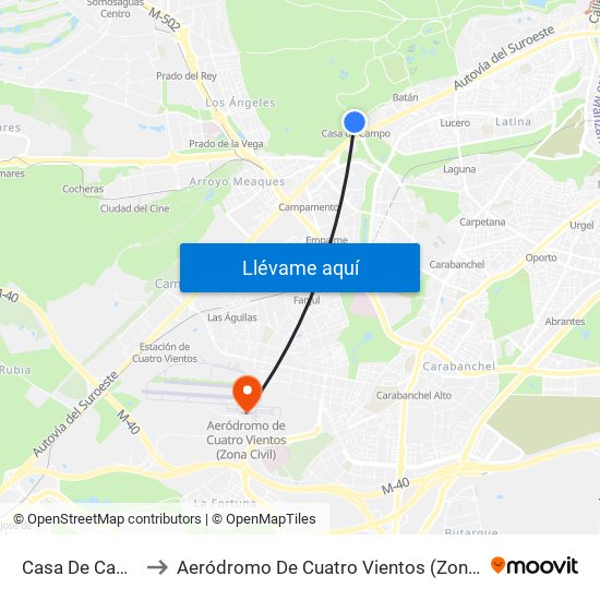 Casa De Campo to Aeródromo De Cuatro Vientos (Zona Civil) map
