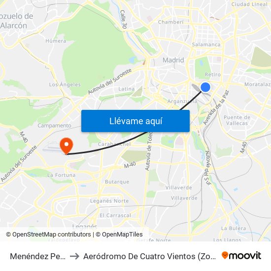 Menéndez Pelayo to Aeródromo De Cuatro Vientos (Zona Civil) map