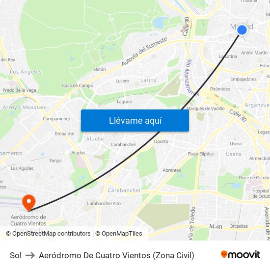 Sol to Aeródromo De Cuatro Vientos (Zona Civil) map