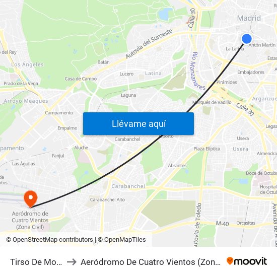 Tirso De Molina to Aeródromo De Cuatro Vientos (Zona Civil) map
