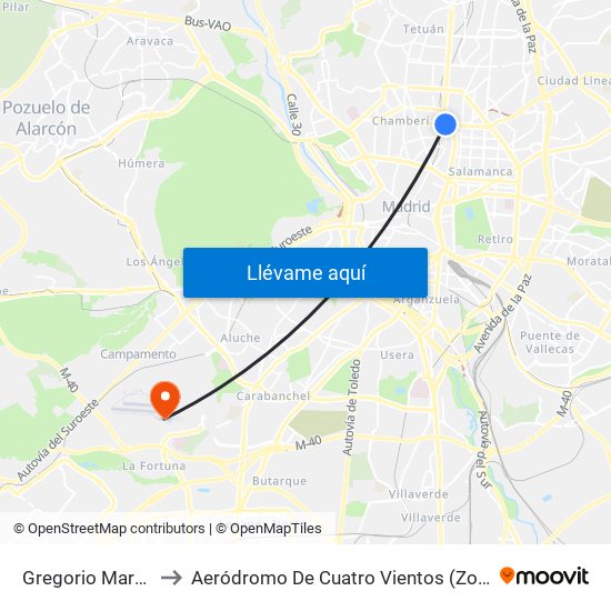 Gregorio Marañón to Aeródromo De Cuatro Vientos (Zona Civil) map