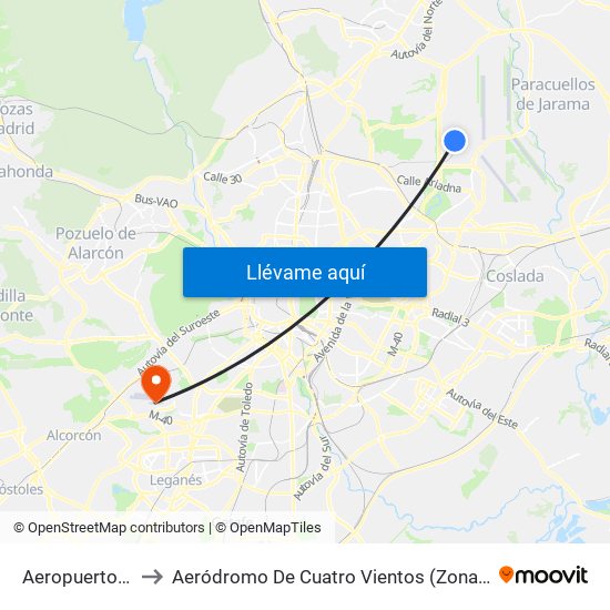 Aeropuerto T4 to Aeródromo De Cuatro Vientos (Zona Civil) map