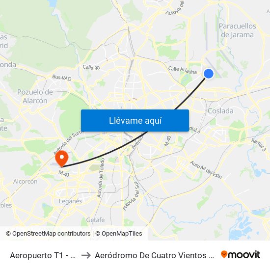 Aeropuerto T1 - T2 - T3 to Aeródromo De Cuatro Vientos (Zona Civil) map