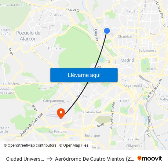 Ciudad Universitaria to Aeródromo De Cuatro Vientos (Zona Civil) map