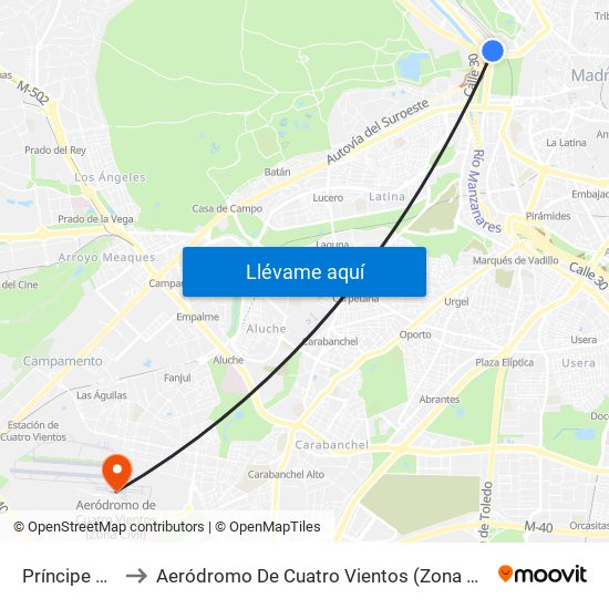 Príncipe Pío to Aeródromo De Cuatro Vientos (Zona Civil) map