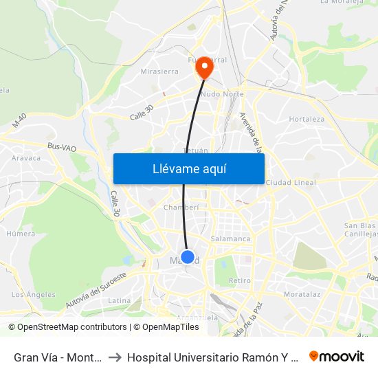 Gran Vía - Montera to Hospital Universitario Ramón Y Cajal. map