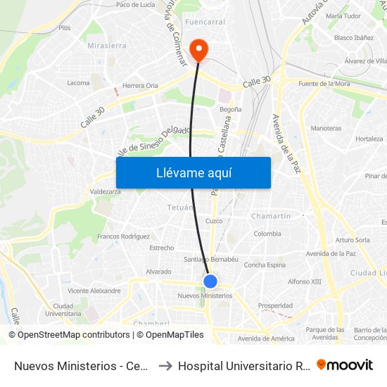 Nuevos Ministerios - Centro Comercial to Hospital Universitario Ramón Y Cajal. map