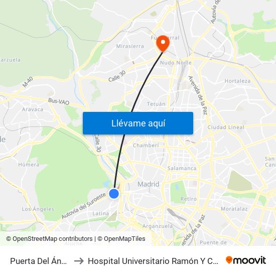 Puerta Del Ángel to Hospital Universitario Ramón Y Cajal. map