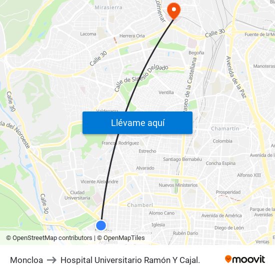 Moncloa to Hospital Universitario Ramón Y Cajal. map