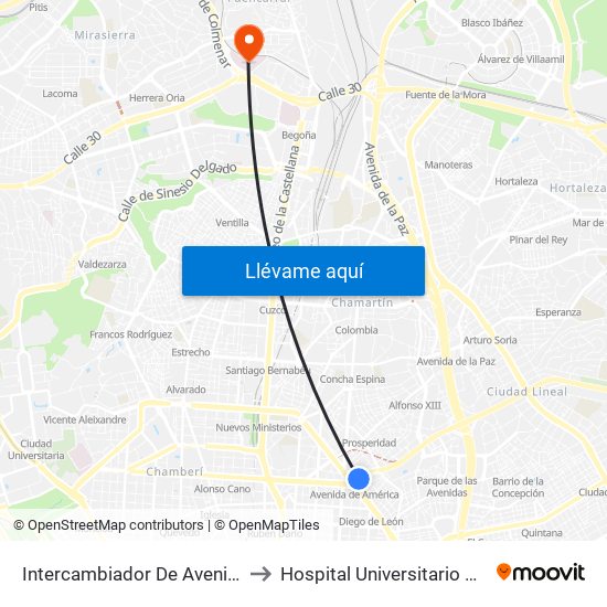 Intercambiador De Avenida De América to Hospital Universitario Ramón Y Cajal. map