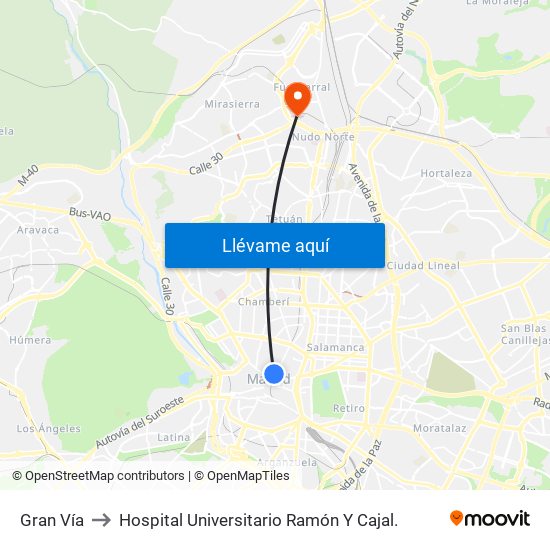 Gran Vía to Hospital Universitario Ramón Y Cajal. map