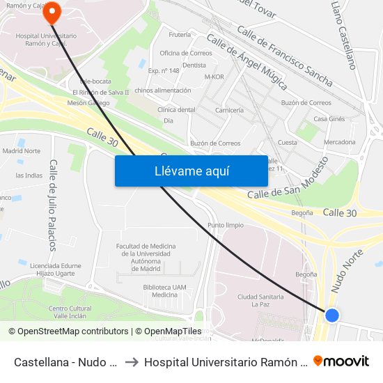 Castellana - Nudo Norte to Hospital Universitario Ramón Y Cajal. map