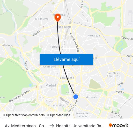 Av. Mediterráneo - Conde Casal to Hospital Universitario Ramón Y Cajal. map
