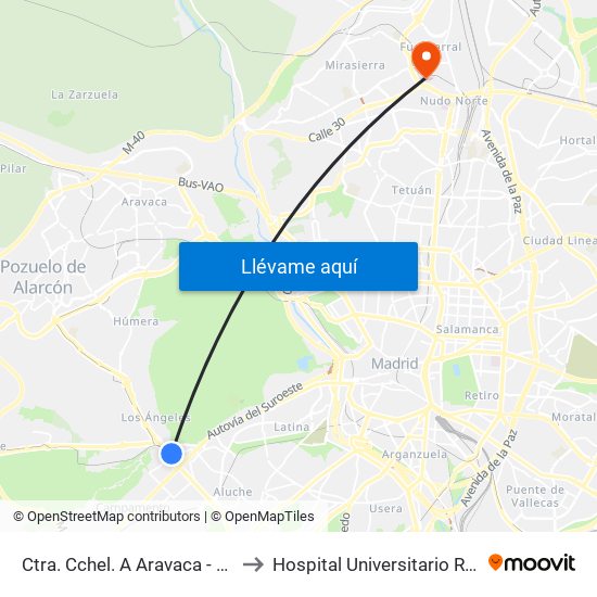 Ctra. Cchel. A Aravaca - Colonia Jardín to Hospital Universitario Ramón Y Cajal. map