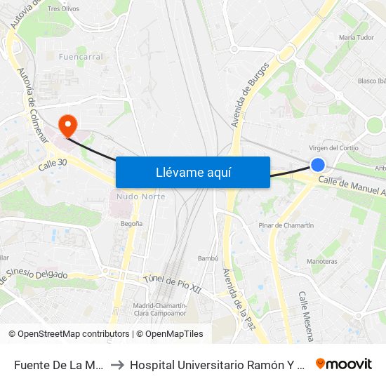 Fuente De La Mora to Hospital Universitario Ramón Y Cajal. map