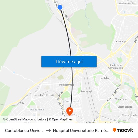 Cantoblanco Universidad to Hospital Universitario Ramón Y Cajal. map