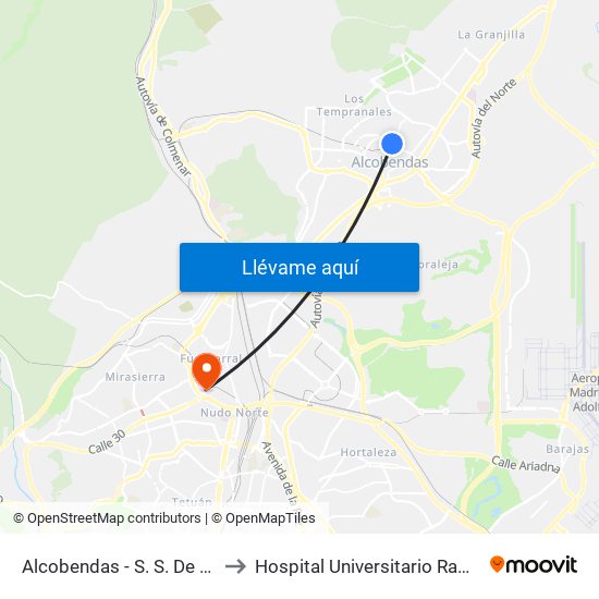 Alcobendas - S. S. De Los Reyes to Hospital Universitario Ramón Y Cajal. map