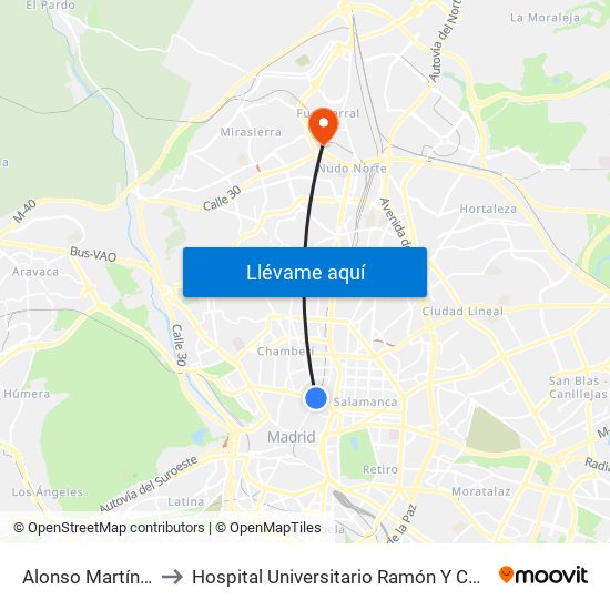 Alonso Martínez to Hospital Universitario Ramón Y Cajal. map