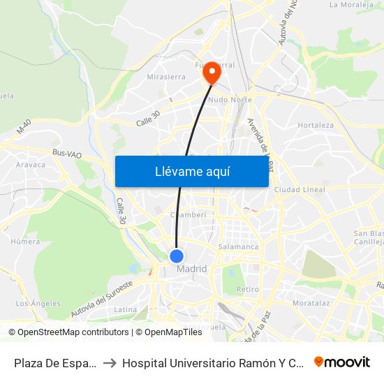 Plaza De España to Hospital Universitario Ramón Y Cajal. map