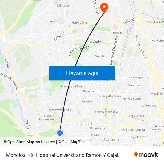 Moncloa to Hospital Universitario Ramón Y Cajal. map