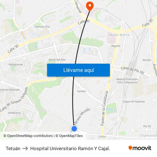 Tetuán to Hospital Universitario Ramón Y Cajal. map