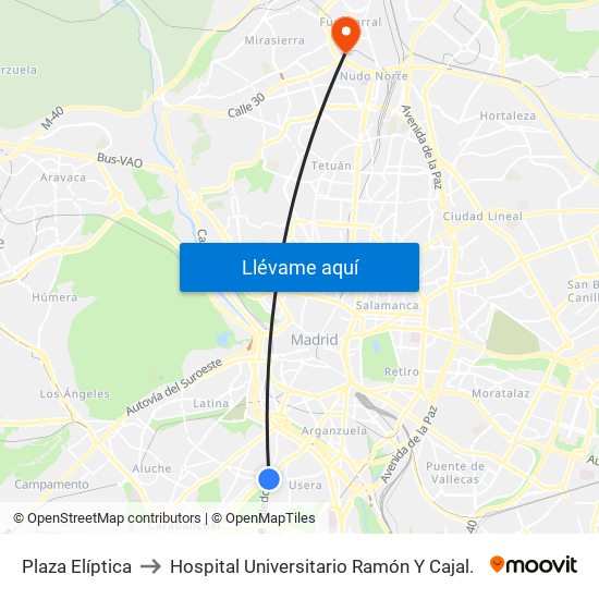 Plaza Elíptica to Hospital Universitario Ramón Y Cajal. map