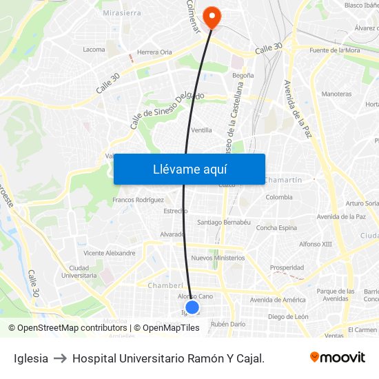Iglesia to Hospital Universitario Ramón Y Cajal. map