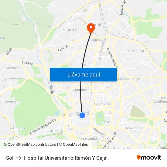 Sol to Hospital Universitario Ramón Y Cajal. map