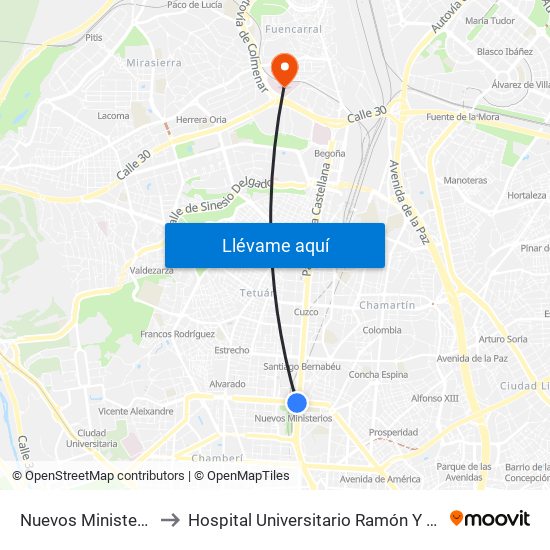 Nuevos Ministerios to Hospital Universitario Ramón Y Cajal. map